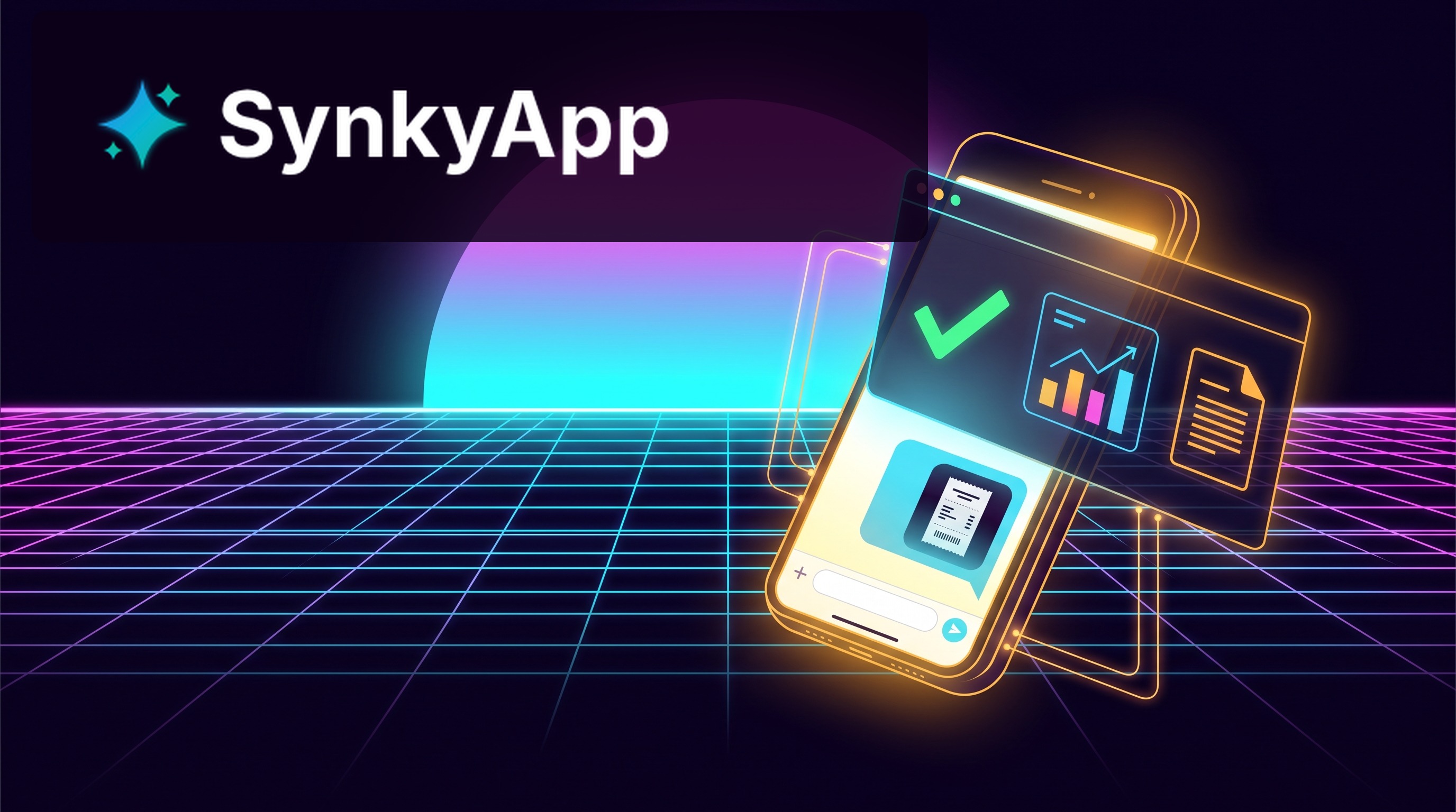 Un teléfono enviando la foto de un recibo por chat, conectado a un panel de contabilidad holográfico, estilo synthwave