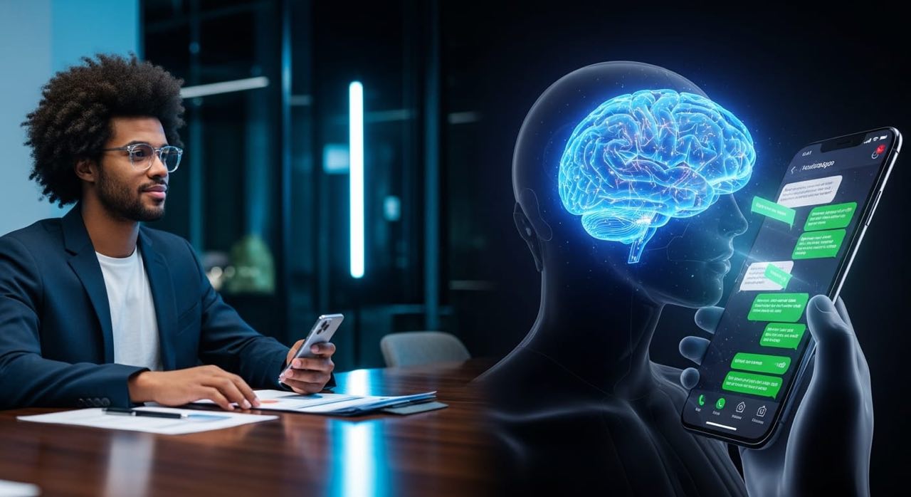 Cerebro AI como holograma con paneles de WhatsApp y agenda